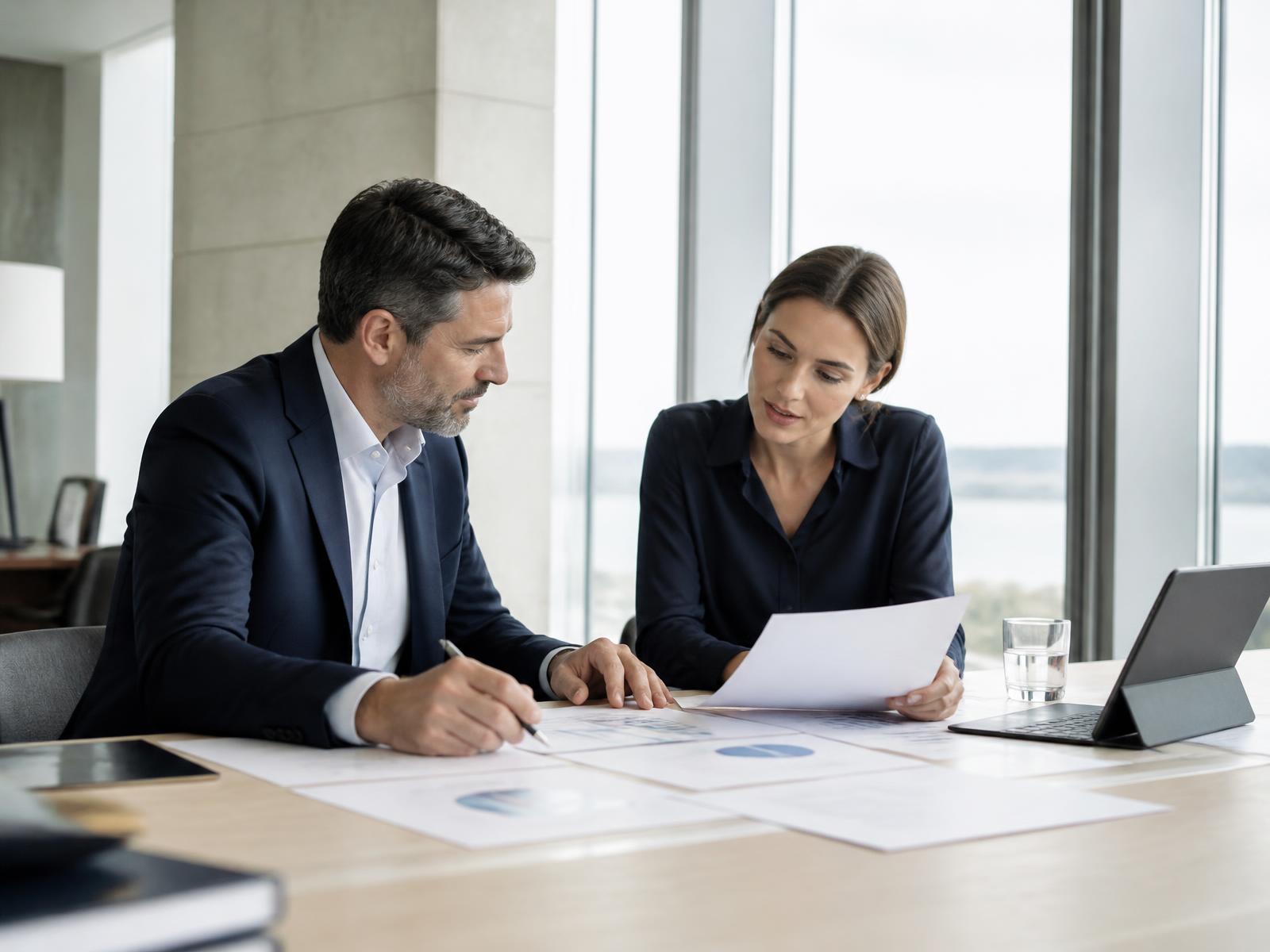 Professionnels analysant des tableaux de gestion dans un bureau lumineux — le back-office externalisé de LIKAD Gestion
